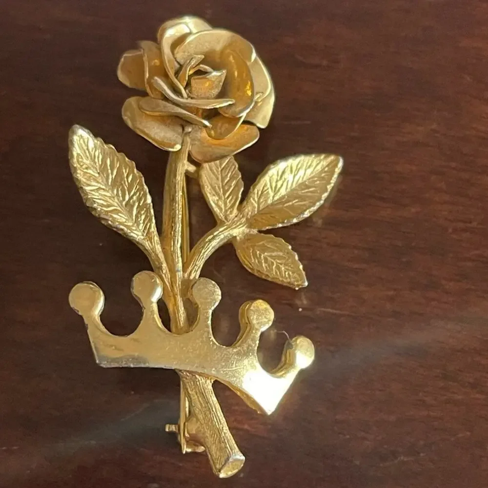 Gold Rose and Crown Brooch